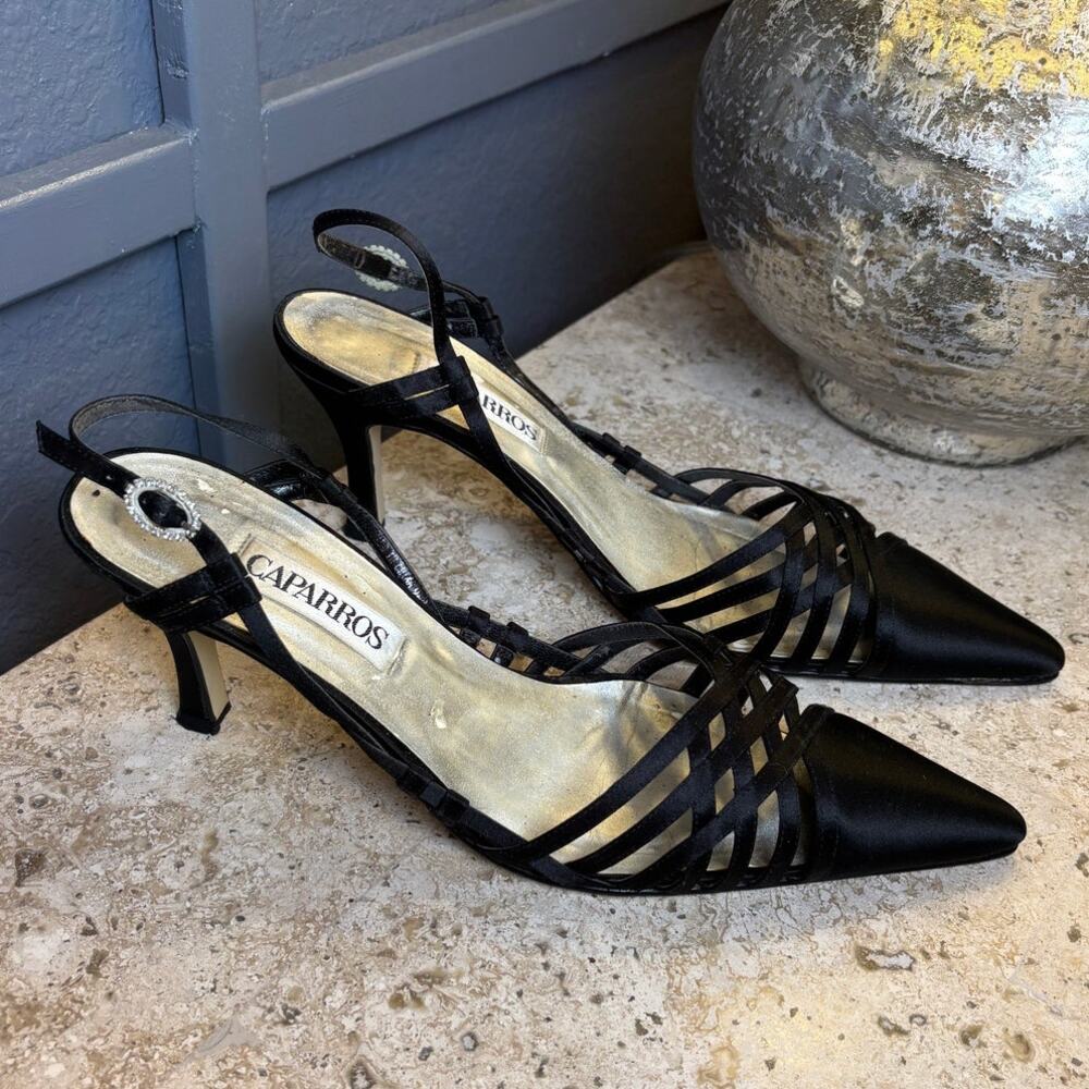 Caparros Black Satin Pointed Toe Slingback Formal Wedding Evening Heel Sz 9.5